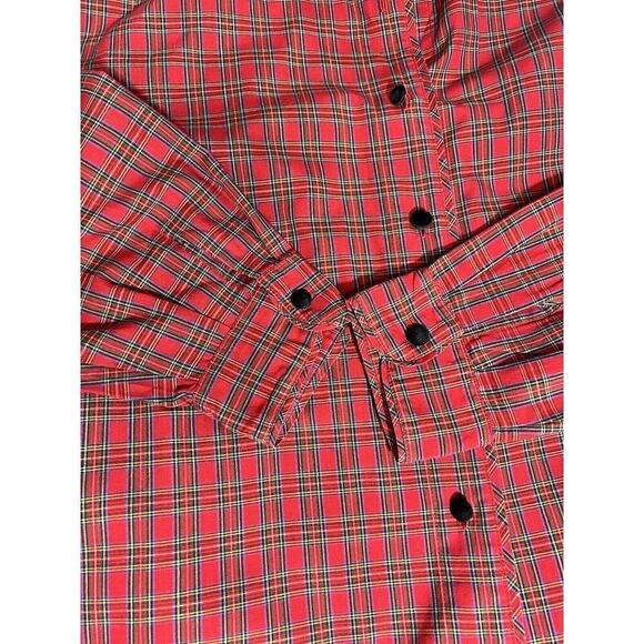 Vtg Karen Scott Red Green Tartan Plaid Velvet Trim Poinsettia Collar Shirt Sz L - Picture 7 of 9